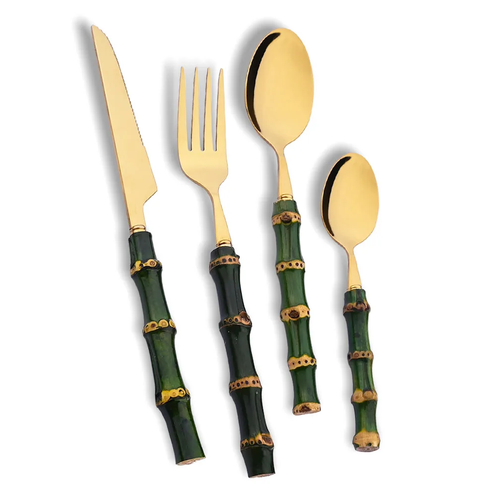 Commercial Kitchen Knife Set - 4Pcs Natural Bamboo Handle Dinnerware Set